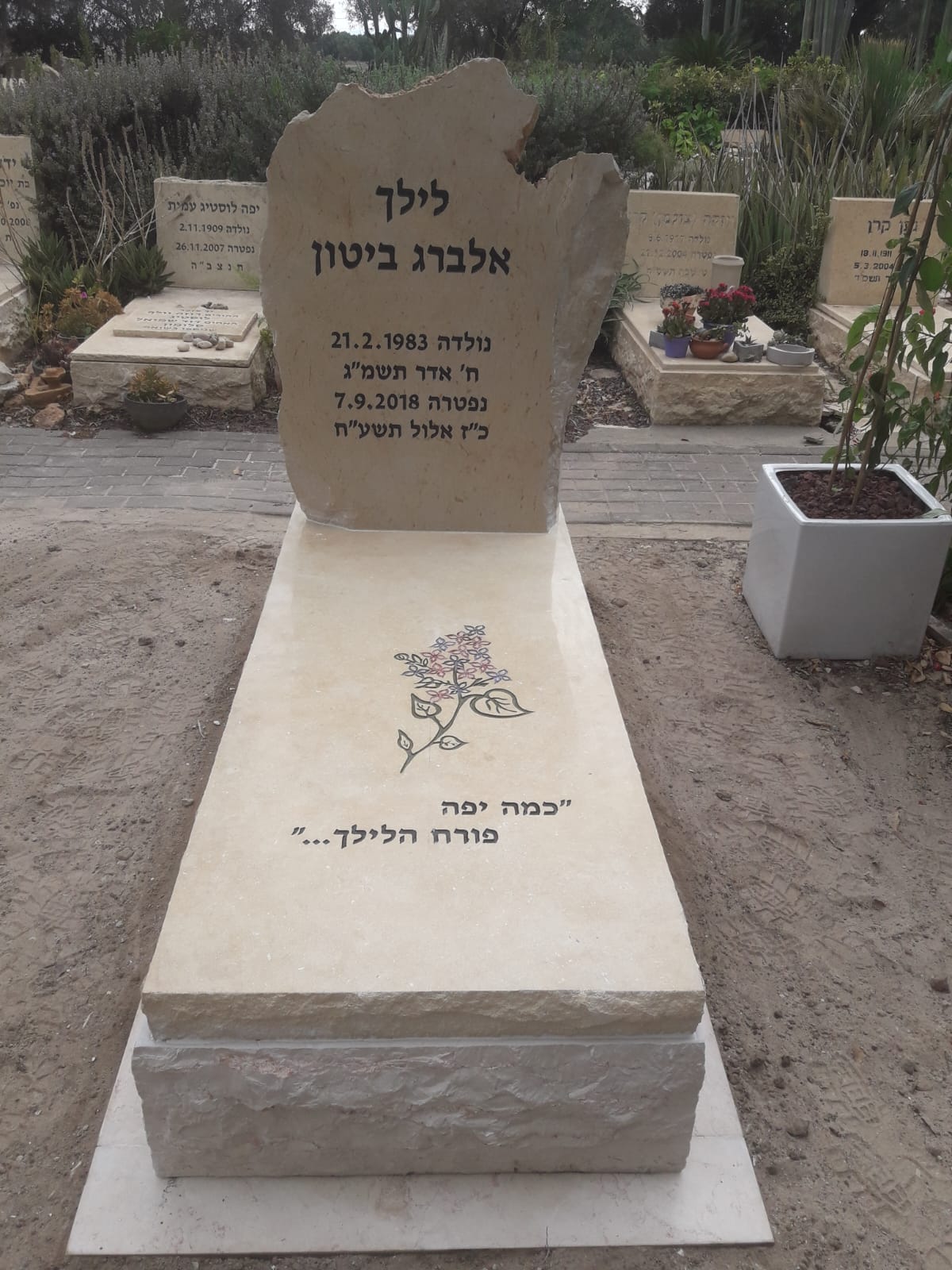 מצבת אבן טבעית עם ראש סלע טבעי ועיטור פרח